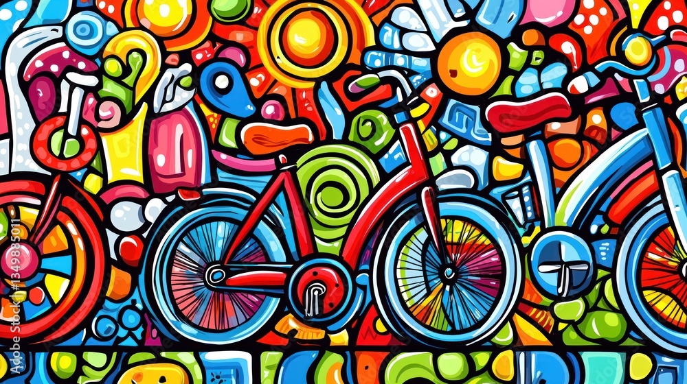 Fototapeta premium Colorful doodle bikes in urban street art style