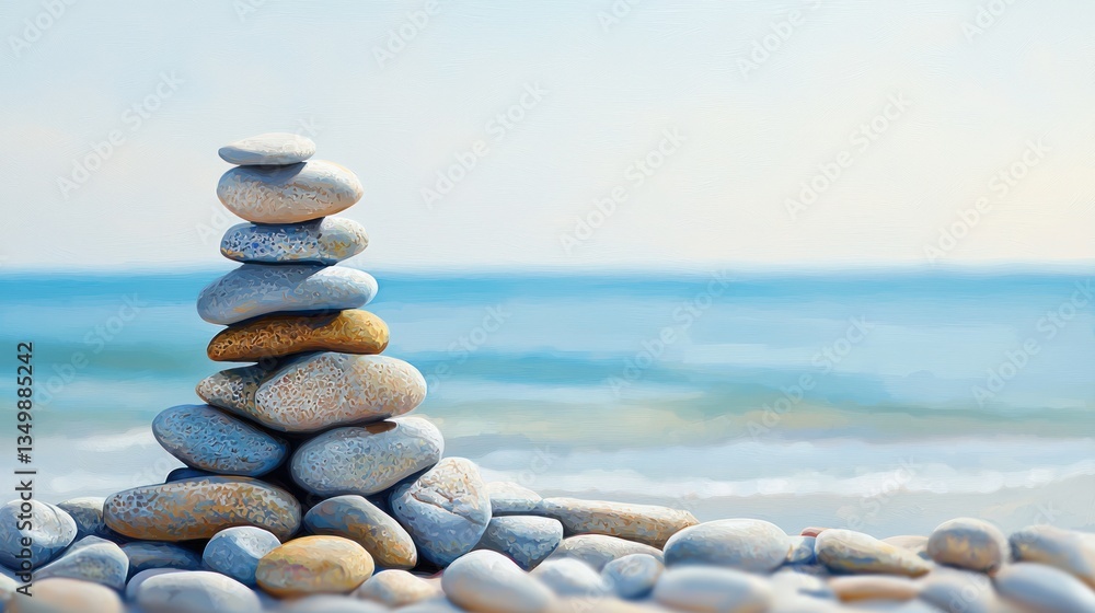 Fototapeta premium Serene Beach Stones Stack: A Coastal Meditation