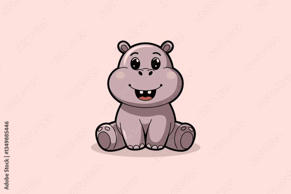 Cute Cartoon Hippo with a Big Smile Sitting on a Soft Pink Background Cute Cartoon Hippo with a Big Smile Sitting on a Soft Pink Background