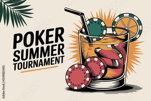 Vibrant Cocktail Illustration with Poker Chips, Celebrating the Summer Tournament Spirit