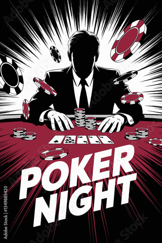 Intense Poker Night with Silhouetted Gambler Surrounded by Chips and Cards in Dramatic Black and Red Design