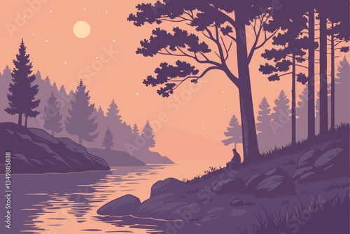 60 Serene lakeside sunset, misty forest silhouettes, colorful twilight sky, starry night reflections, rocky shoreline, calm water surface, campfire glow, ethereal atmosphere, magical landscape, dreamy