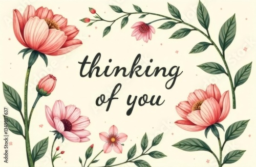 A vintage-inspired card with pressed flowers and botanical illustrations.  'Thinking of You' written in elegant cursive script at the center.