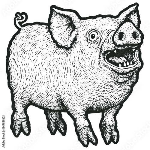 Vector illustration of a surprised pig in a vintage woodcut or engraving style, featuring detailed stippling texture for the fur and expressive facial features, rendered in black and white line art.
