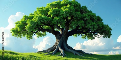 Majestic tree with sprawling canopy and gnarled roots, lush, root, tree