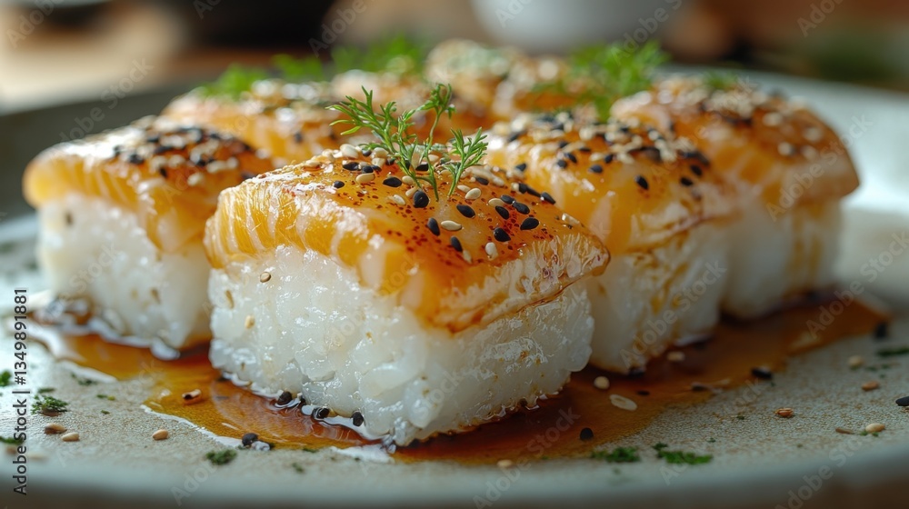 A detailed view of a sushi roll being carefully arranged on a plate, with glistening fresh fish and sesame seeds. A detailed view of a sushi roll being carefully arranged on a plate, with glistening fresh fish and sesame seeds.