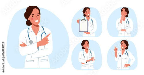 Doctor woman.Set Different poses.Vector flat style cartoon illustration