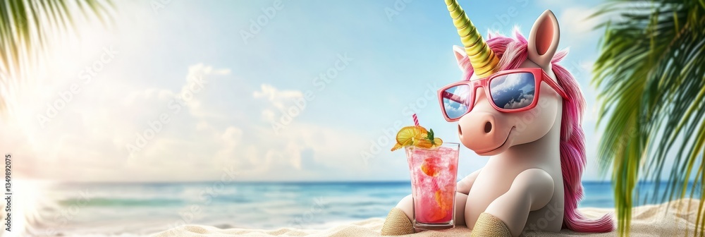 Naklejka premium Playful unicorn enjoys a refreshing beverage on a sunny beach, embodying summer vacation vibes 