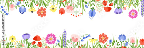 Horizontal background of a large number of multi-colored spring and summer flowers in grain for banner designs. Vector illustration.