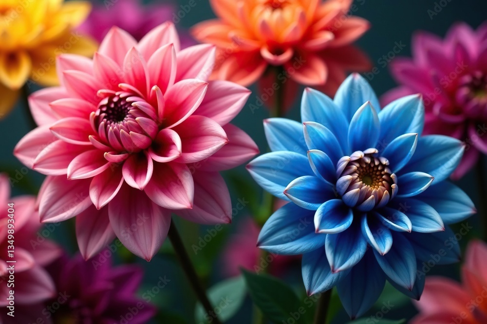 Intricate dahlia blooms, vibrant colors, close-up view, art, red, vibrant Intricate dahlia blooms, vibrant colors, close-up view, art, red, vibrant