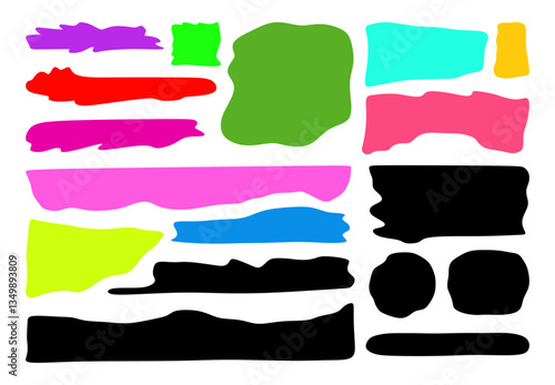 Colorful and black simple freeform, asymmetric blob. Random deformed abstract figures. Modern uneven blots or splashes