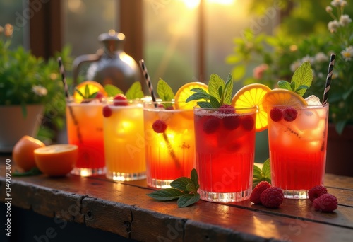 vibrant cocktail creations featuring fresh ingredients displayed beautifully colorful arrangement, freshness, garnish, glass, fruit, herb, ice, mixology