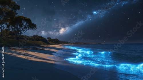 Magical bioluminescent beach at night
