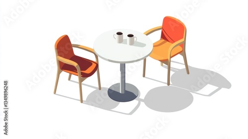 3D isometric illustration of a cafe table and chairs with coffee cups. Suitable for interior design concepts or cafe branding