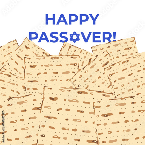 Square Greeting Card with Matzah, symbol of the main Israeli spring holiday, and wishing text in english - Happy Passover! A lot of matza! Star of David as letter "O" in text, blue and white colors.
