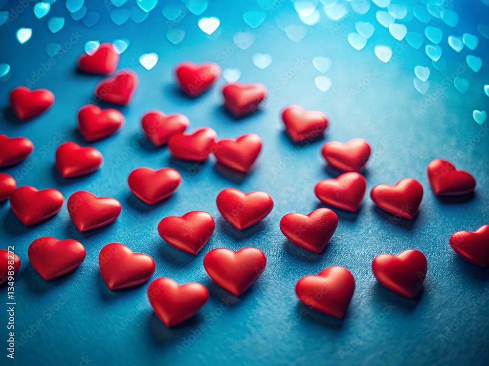 Romantic Blue Background with Small Red Hearts - Flat Lay Love Symbol Stock Photo Romantic Blue Background with Small Red Hearts - Flat Lay Love Symbol Stock Photo