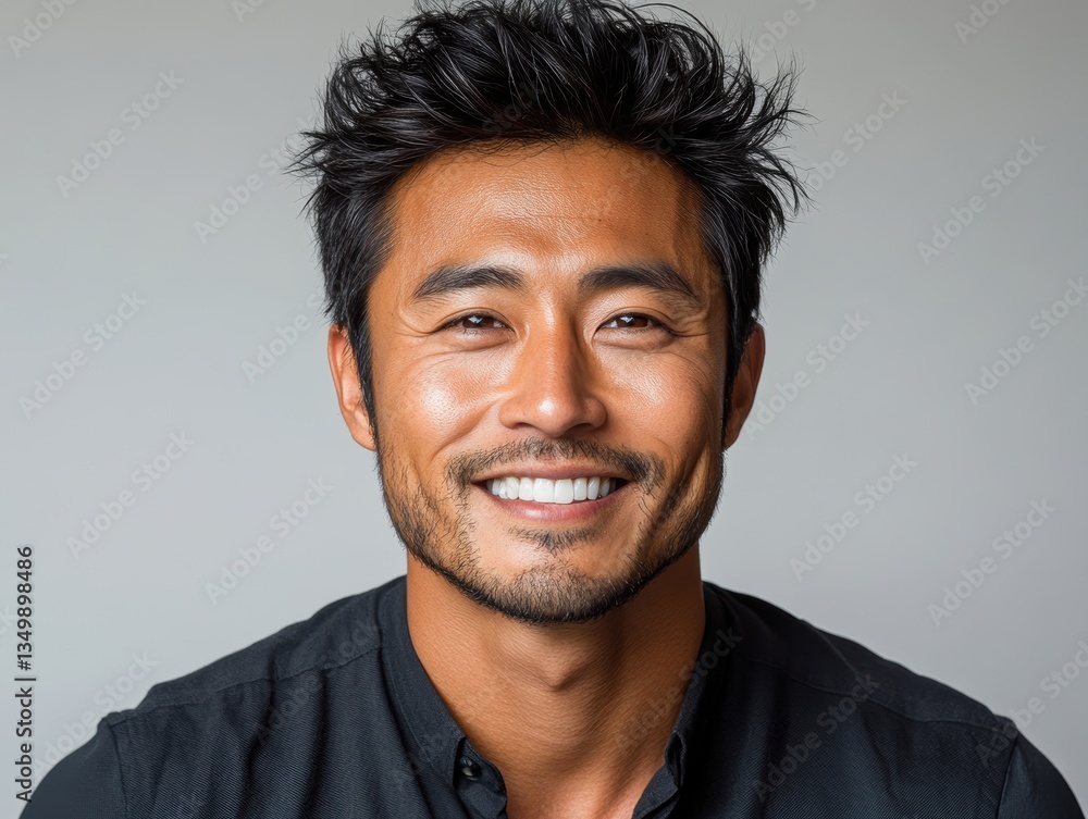 Smiling man in a black shirt against a neutral background, exuding confidence