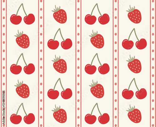  Strawberries and cherries Striped pattern. Vintage style background. Vector seamless pattern for printing on wallpaper, paper, gift wrap and fabric, patchworkng. Cute berries on a light background. 