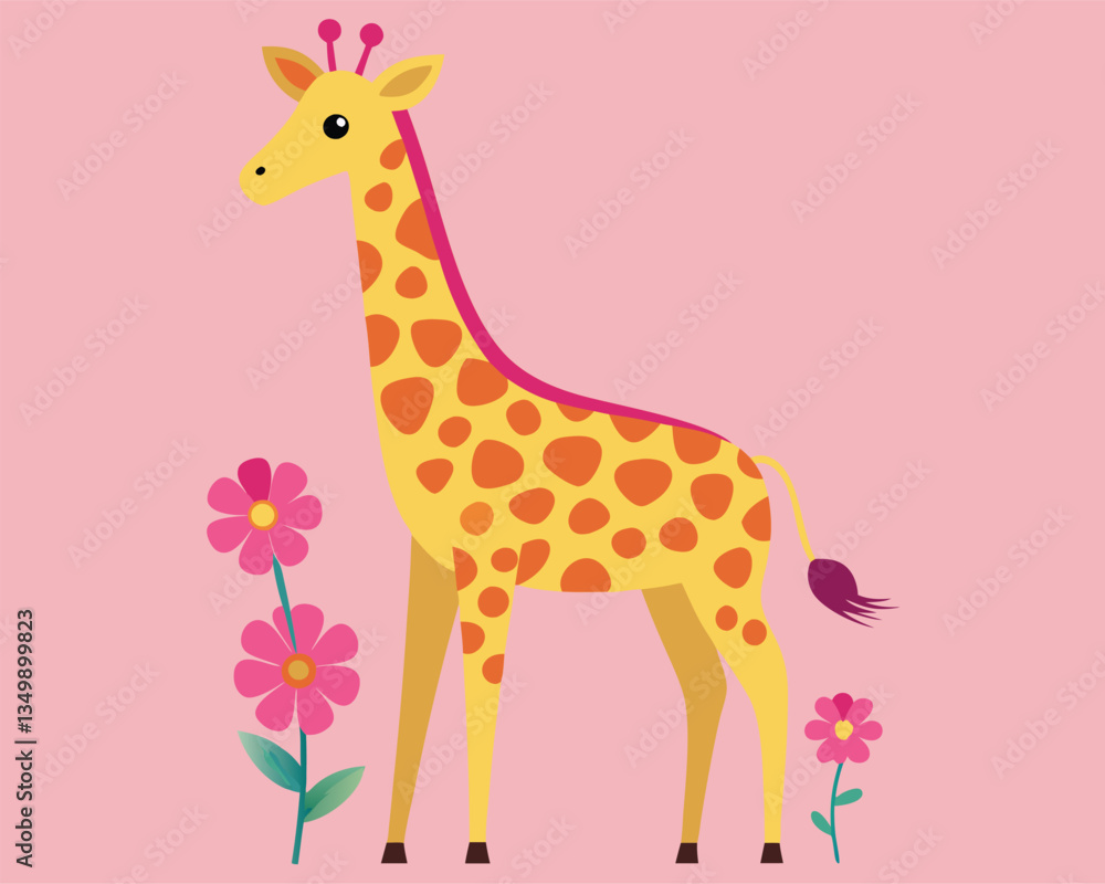 Cute Giraffe Illustration with Pink Flowers Cute Giraffe Illustration with Pink Flowers