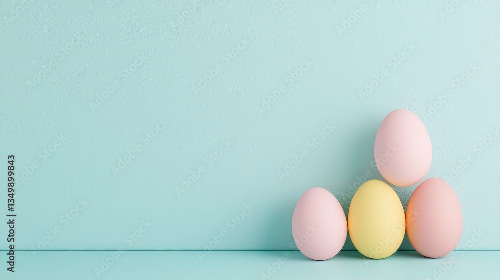 Fototapeta premium Soft Pastel Colored Eggs on a Light Blue Background for Spring Theme