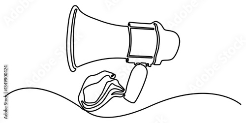 Megaphone Continuous Line Icon, Line art megaphone announcement, one continuous single line drawing of hand hold a speaker megaphone isolated, Outline style Vector illustration.
