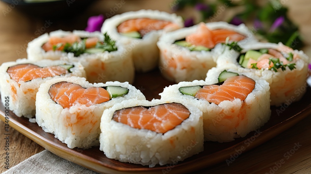 Heart-shaped sushi rolls filled with salmon, crab, avocado, cucumber, and cream cheese. Heart-shaped sushi rolls filled with salmon, crab, avocado, cucumber, and cream cheese.