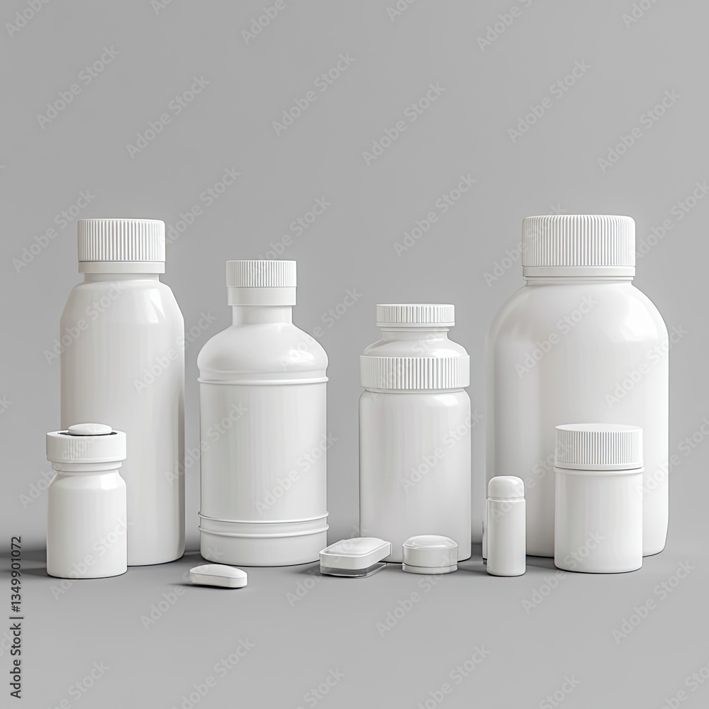 Blank white medicine bottles and pills on a gray background Blank white medicine bottles and pills on a gray background