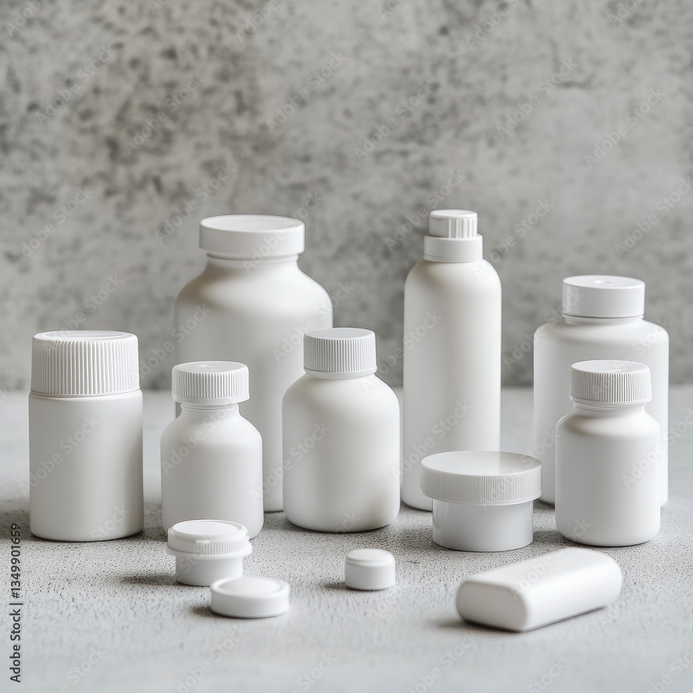 Blank white plastic bottles and jars on gray textured surface, product display Blank white plastic bottles and jars on gray textured surface, product display