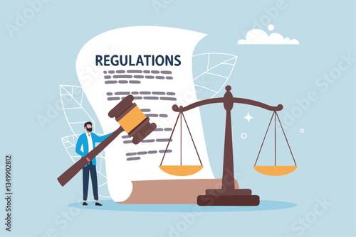 Regulations, law or rules, authority, legislation or government lawsuit, legal document justice or courthouse, verdict or punishment concept, businessman hold gavel with scale and regulation document.