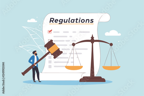 Regulations, law or rules, authority, legislation or government lawsuit, legal document justice or courthouse, verdict or punishment concept, businessman hold gavel with scale and regulation document.