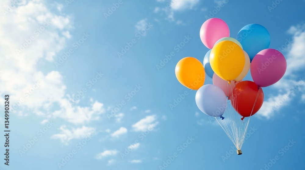 Bunch of colorful balloons in a bright blue sky, floating upwards towards clouds
