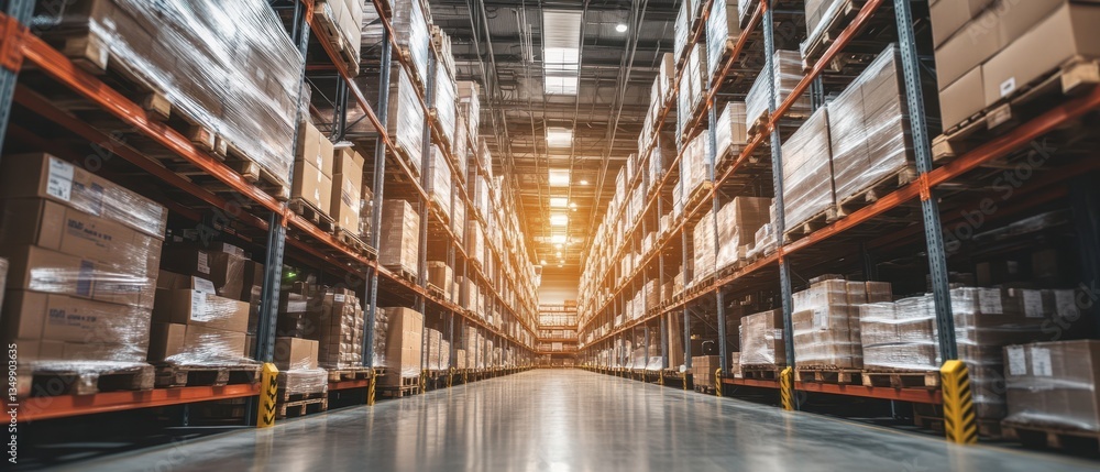 Fototapeta premium Spacious Warehouse Interior with Shelves and Boxes in Perspective