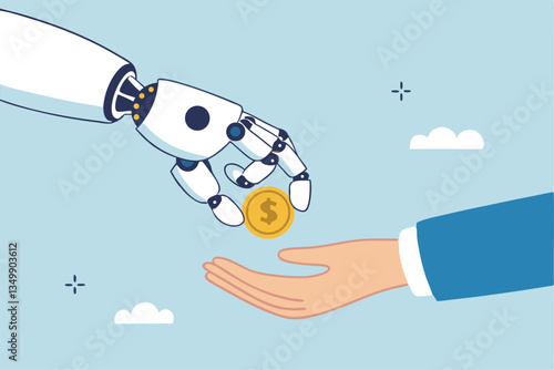 Artificial intelligence AI make money, data licensing resource for AI training payment, automation investment, robot trading or banking concept, AI robot hand giving dollar money to businessman.