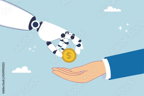 Artificial intelligence AI make money, data licensing resource for AI training payment, automation investment, robot trading or banking concept, AI robot hand giving dollar money to businessman.