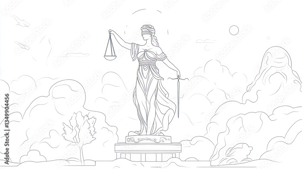 Lady Justice statue outline, outdoor scene, justice, law, balance Lady Justice statue outline, outdoor scene, justice, law, balance