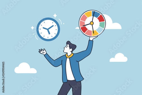 Time management, efficiency, productivity to finish work, delegation, finish tasks, prioritize responsibility, manage schedule, planning concept, businessman holding time clock with pie chart routine.
