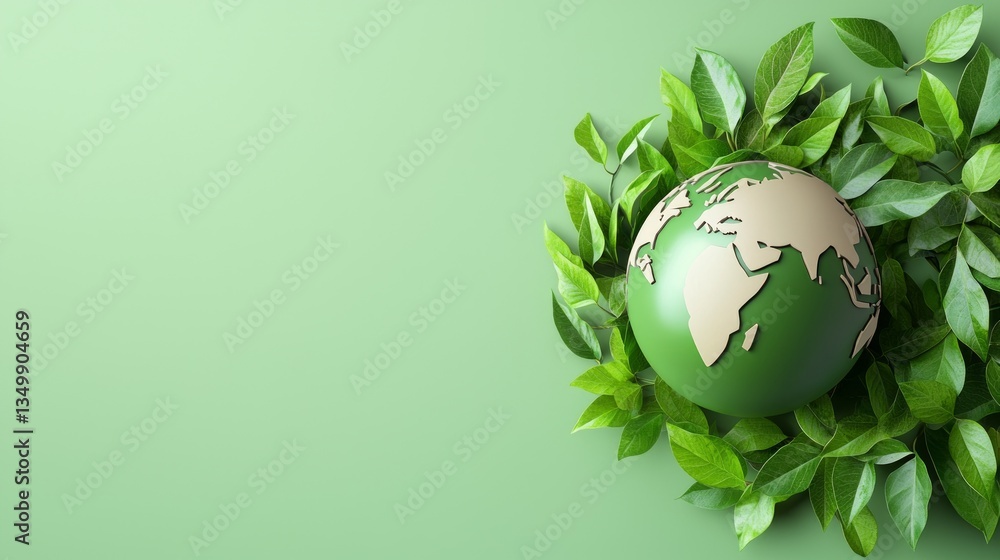 Green Earth Globe Surrounded by Fresh Leaves on Light Green Background Green Earth Globe Surrounded by Fresh Leaves on Light Green Background