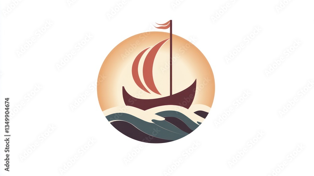 Simple sailing ship on sunset waves; logo design Simple sailing ship on sunset waves; logo design