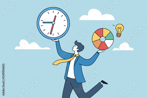 Time management, efficiency, productivity to finish work, delegation, finish tasks, prioritize responsibility, manage schedule, planning concept, businessman holding time clock with pie chart routine.