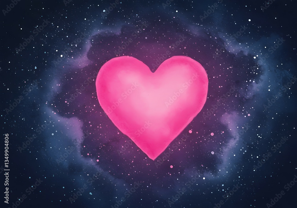 Cosmic Pink Heart Floating in a Starry Galaxy Watercolor Illustration. Cosmic Pink Heart Floating in a Starry Galaxy Watercolor Illustration.