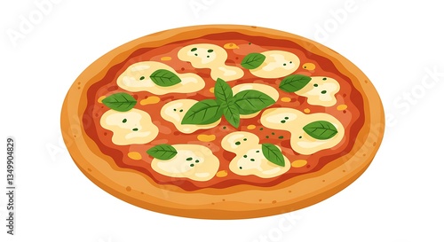 Delicious Margherita Pizza Illustration with Fresh Basil on White Background