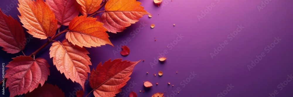 Dry orange metallic leaves on violet background with intricate patterns and veins , orange metal, colorful background Dry orange metallic leaves on violet background with intricate patterns and veins , orange metal, colorful background