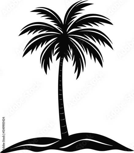 A single black silhouette of a palm tree on a small island