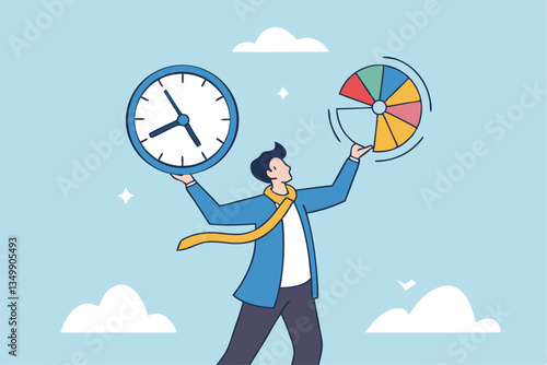Time management, efficiency, productivity to finish work, delegation, finish tasks, prioritize responsibility, manage schedule, planning concept, businessman holding time clock with pie chart routine.