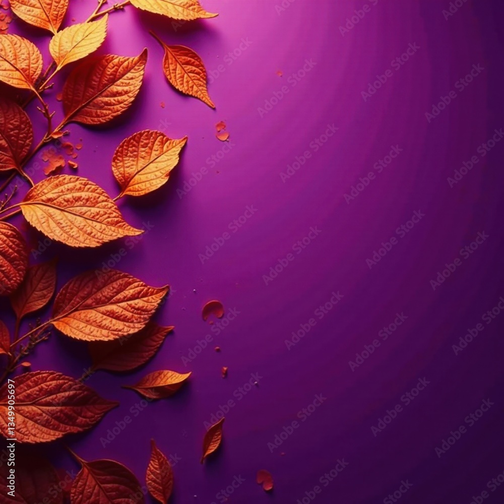Obraz premium Dry orange metallic leaves scattered on a deep violet background, creating a vibrant and eye-catching visual effect, metallic leaves, pattern, violet background