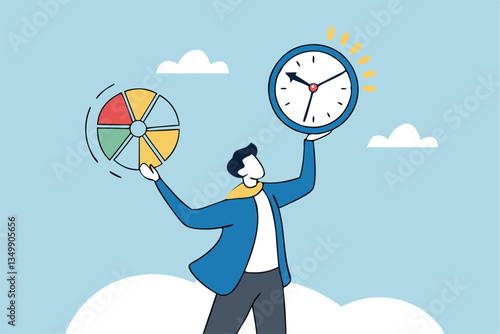Time management, efficiency, productivity to finish work, delegation, finish tasks, prioritize responsibility, manage schedule, planning concept, businessman holding time clock with pie chart routine.
