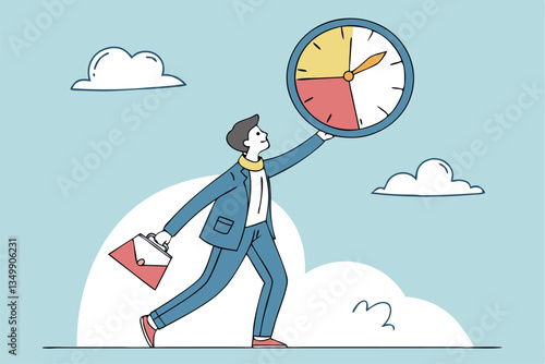 Time management, efficiency, productivity to finish work, delegation, finish tasks, prioritize responsibility, manage schedule, planning concept, businessman holding time clock with pie chart routine.