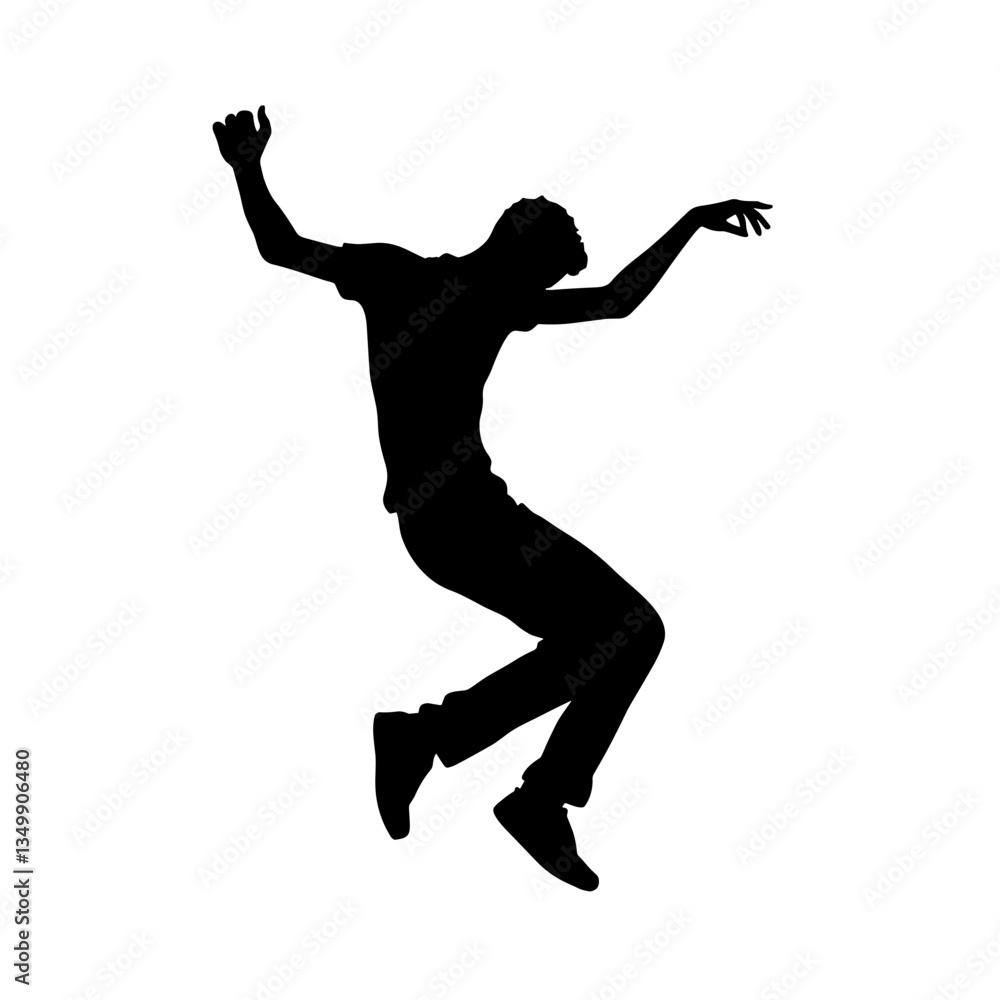 Creative male silhouette, dancing playfully on a transparent background, copy space