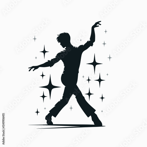 Elegant male silhouette, dancing with flair against a sparkling backdrop, copy space