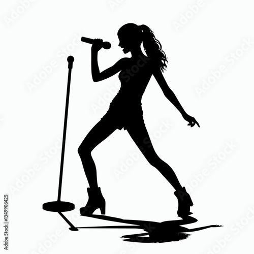 Dynamic female silhouette, singing passionately into a microphone on stage, copy space